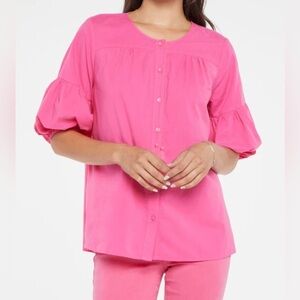 NYDJ Women’s 100% Cotton Short Bubble Sleeve Boho Hot Pink Blouse Medium Barbie
